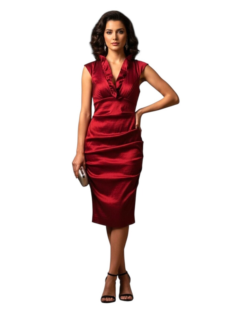 XScape By Joanna Chen Red Irridescent Ruched Taffeta Dress With Ruffle Collar